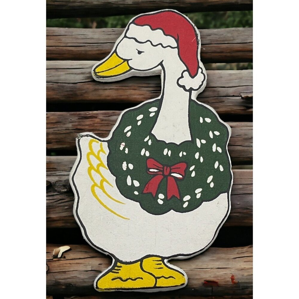 Christmas Goose Refrigerator Magnet Vintage Green Wreath Red Hat
